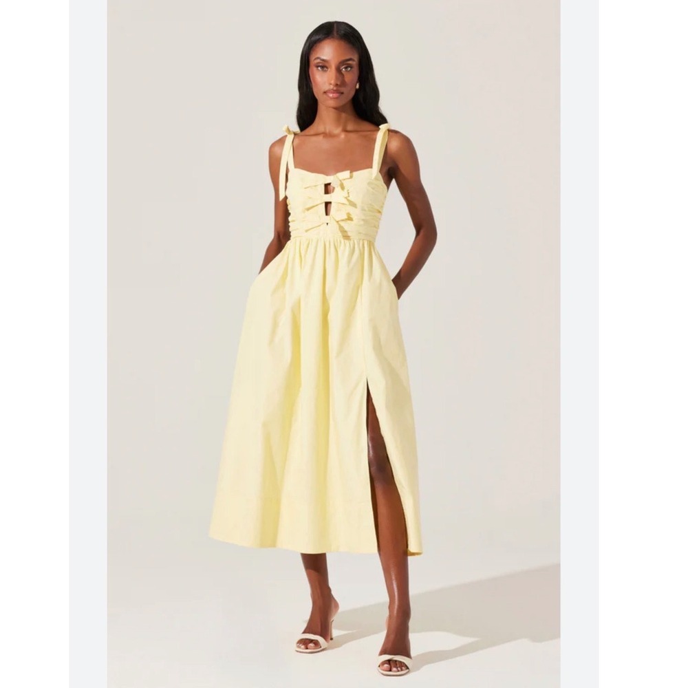 M2 ASTR The Label Lemon Yellow Bow Front Cutout Midi Dress XL ACDR102688